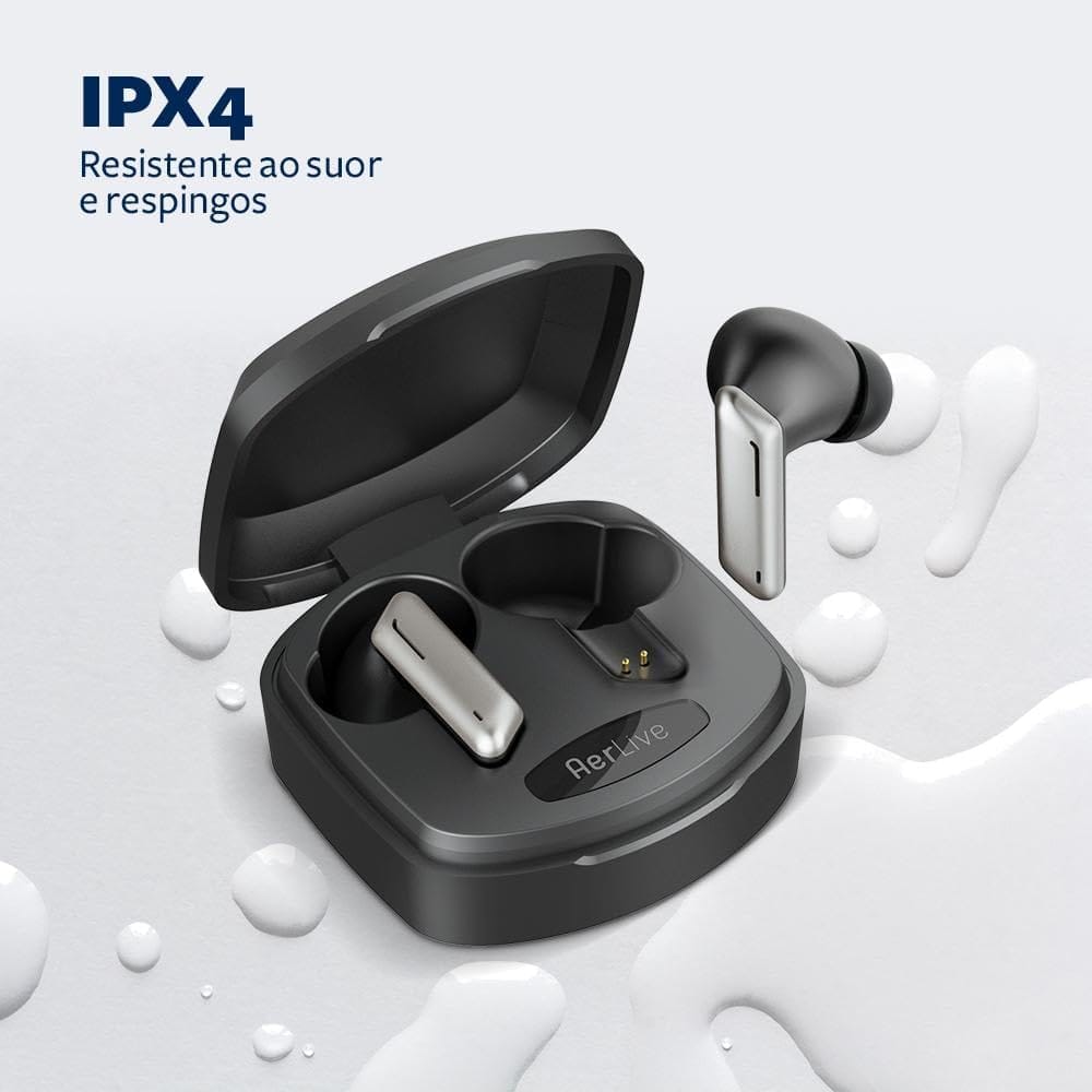 AER by Geonav Fone de Ouvido TWS Aerlive, Bluetooth, Autonomia 4,5* horas, Microfone, Estojo carregador, AER12BK, Preto