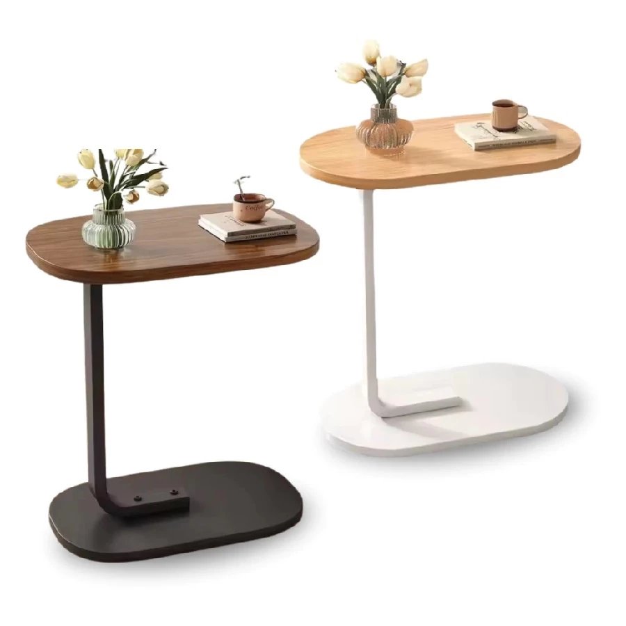 Mesa De Apoio Lateral Estilo Industrial Em MDF E Ferro 45x28x59,5Cm Oval Para Canto Bege Ou Marrom