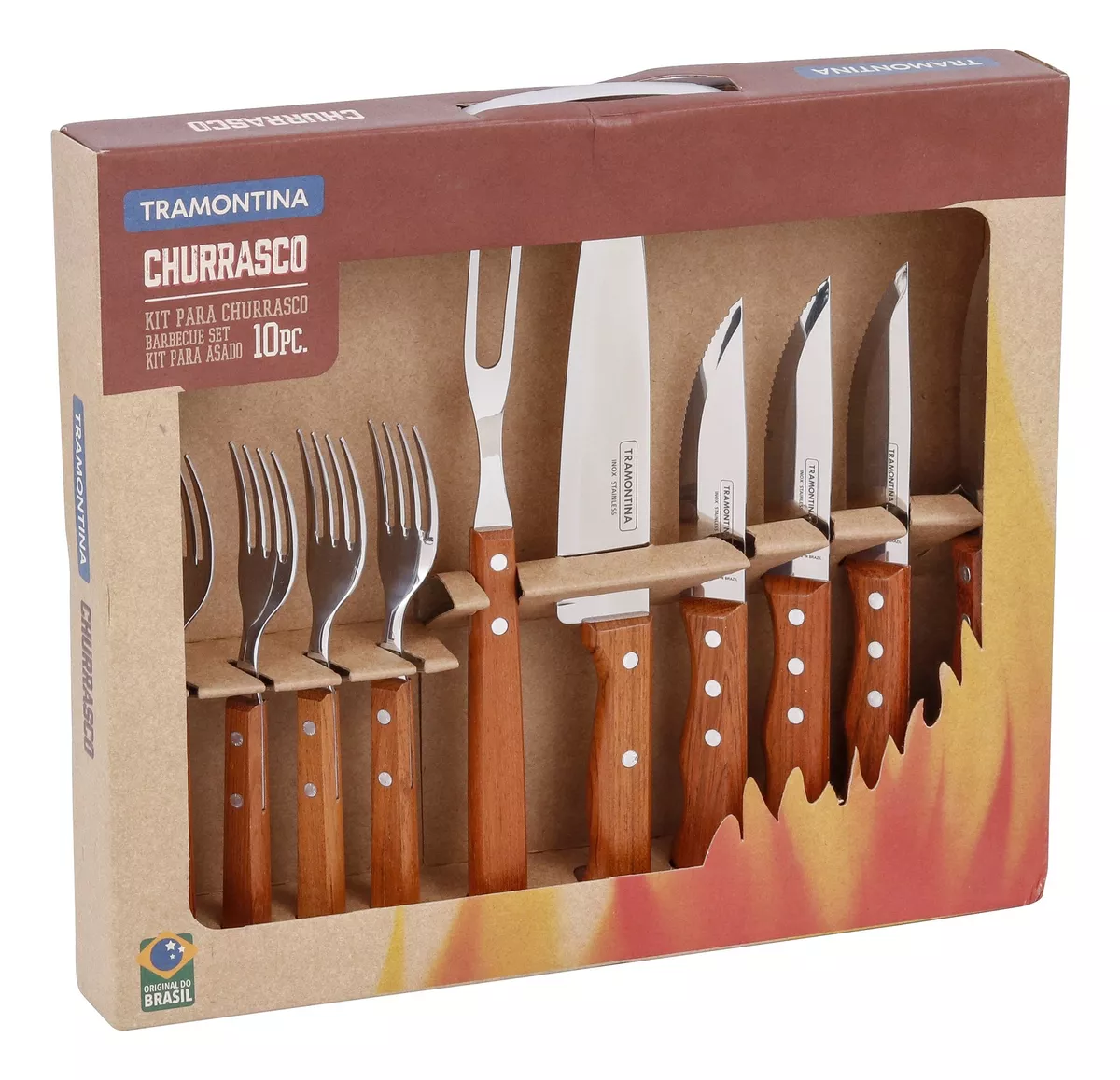 Kit Churrasco Tramontina 10 Peças Inox Cabo Madeira