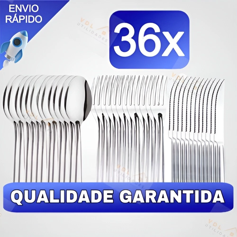 Conjunto Jogo de Talheres 36 peças Aço Inox 12 Facas 12 Garfos e 12 Colheres de Mesa Casa Para Restaurante