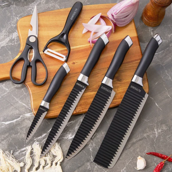 Kit 6 Peças Conjunto de Faca Churrasco Carne Legumes Descascador Tesoura Profissional