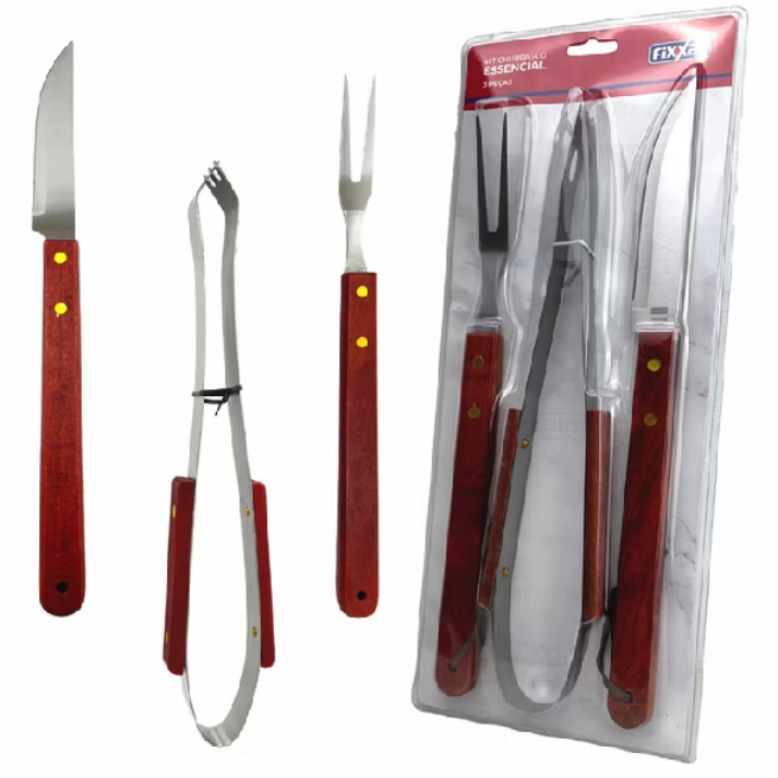Kit Churrasco Cabo Longo Madeira Garfo Faca De Corte Pegador Carne Aço Inox 3 Peças  Churrasqueiro