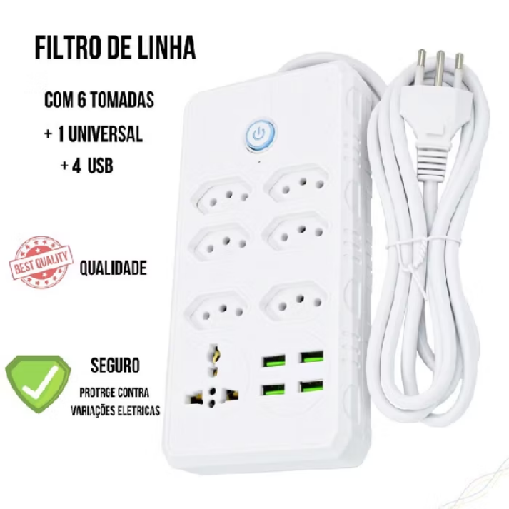 Régua Filtro de Linha com 7 Tomadas Extensão Elétrica 1 Universal 4 USB Bivolt 10A 110v/220v Cabo de 2 Metros Seguro e confiável