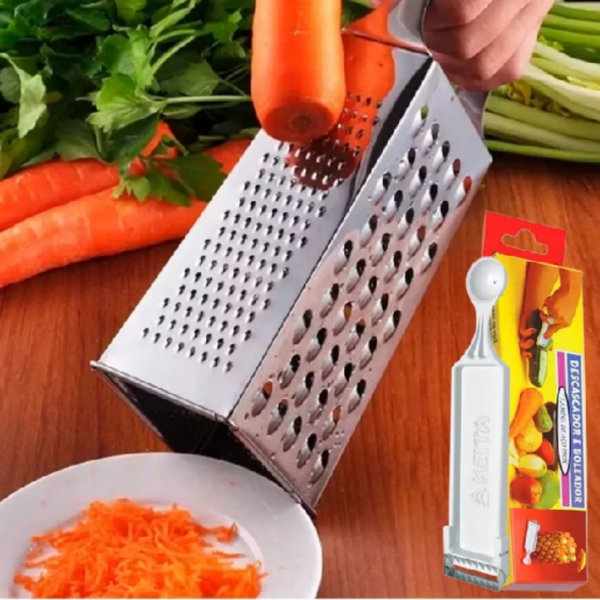 Ralador 24cm Aço Inox 4 Faces Resistente Cozinha Para Verduras Legumes Queijo Multiuso + Descascador De Legumes