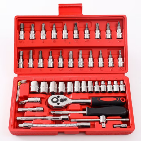 Vermelho Maleta Ferramentas Kit Chaves Jogo Catraca Reversível Soquetes 46 Peças