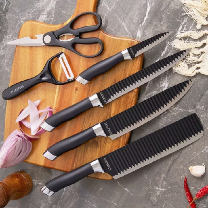 Kit 6 Peças Conjunto de Faca Churrasco Carne Legumes Descascador Tesoura Profissional