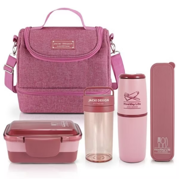 Conjunto de Bolsa Térmica c/ 2 Compartimentos, Pote Marmita e Garrafa, Porta Talher e Porta Escova