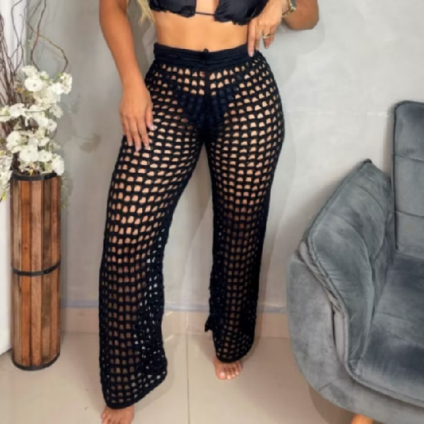 Calça Saida De Praia Feminina Trico Canga Moda Tricot Verao
