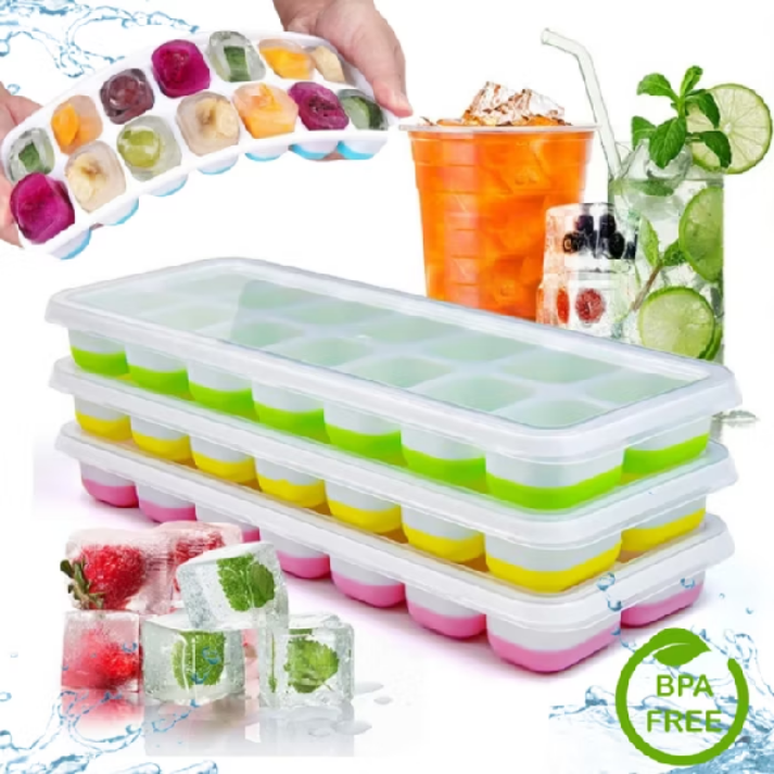Kit 2 Formas de Gelo Silicone com Tampa Rígida Flexível Fundo 14 Cubos Retangular Multiuso Lavável
