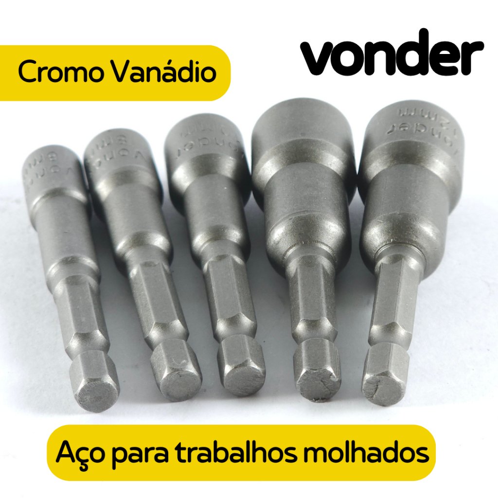 Kit Bits Soquete Canhão Magnético 5 - 1/4" peças Jogo Vonder Parafusadeira 6 a 13mm