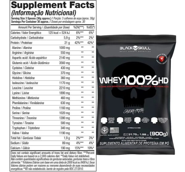 Whey 100% Hd Refil Black Skull 900g Wpc Wpi E Wph Sabor Baunilha