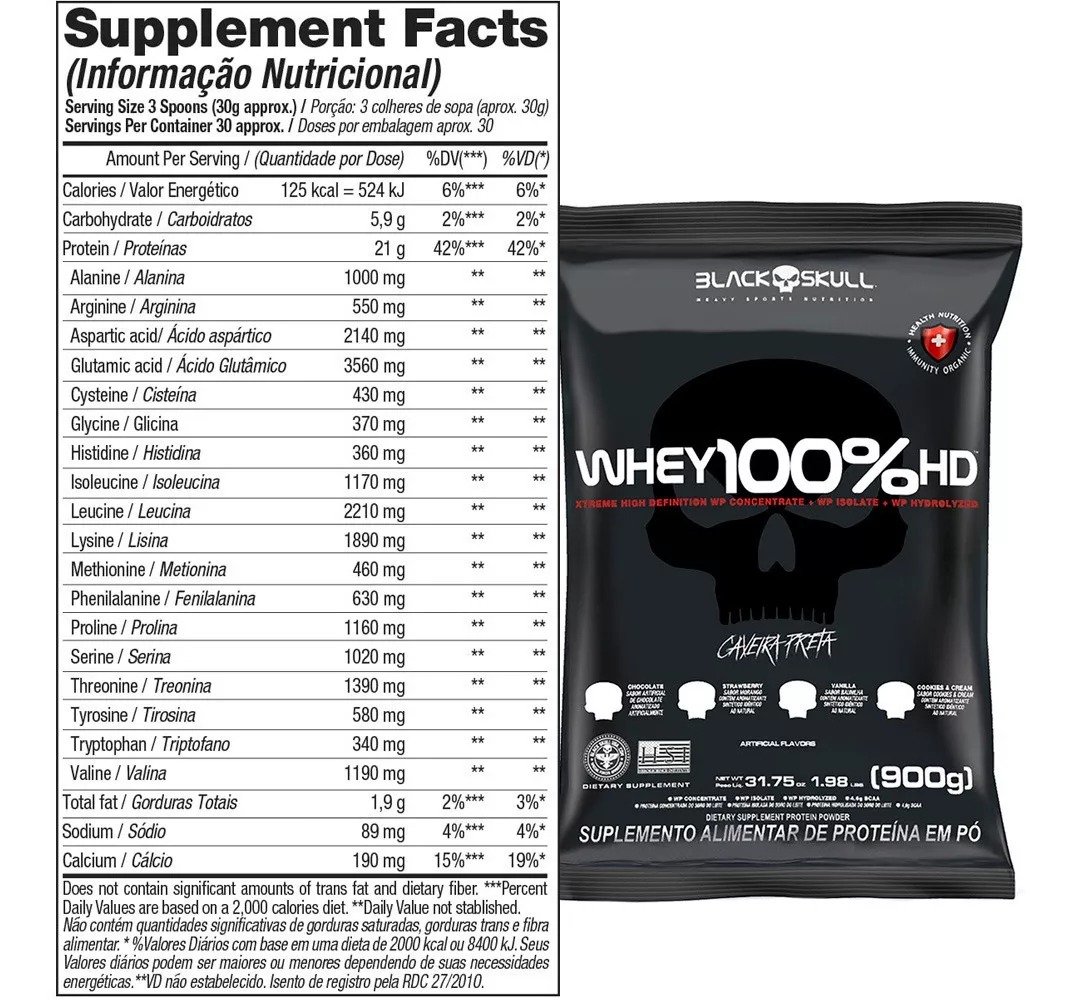Whey 100% Hd Refil Black Skull 900g Wpc Wpi E Wph Sabor Baunilha