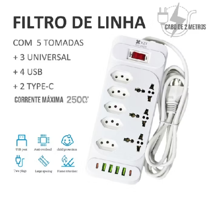 Régua Filtro de Linha com 8 Tomadas Extensão Elétrica 3 Universal 4 U 2 Type c Bivolt 10A 110V/220V