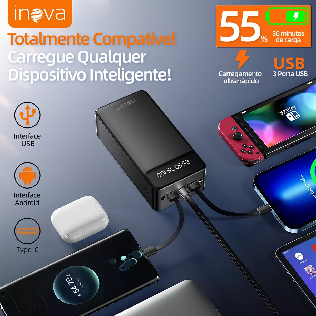 Inova Power Bank 30000mah Cabo Embutido Bateria De Viagem