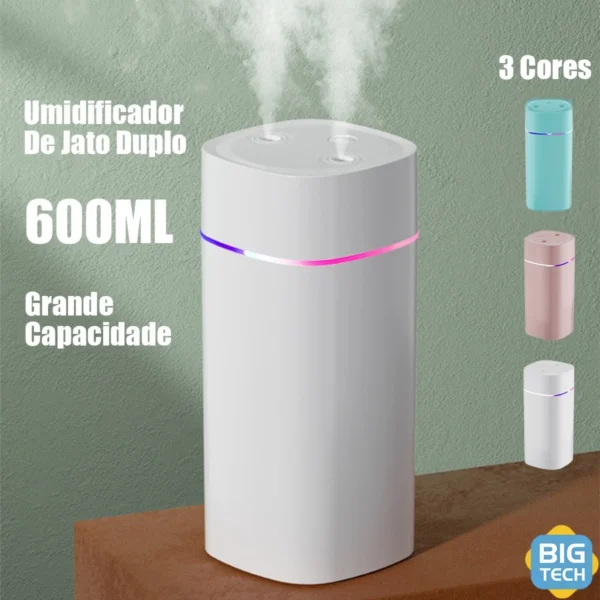 Umidificador De Ar Difusor Aromatizador Capacidade De 600ml E Luzes Coloridas Led Ultrassônico Escritório Bico Duplo