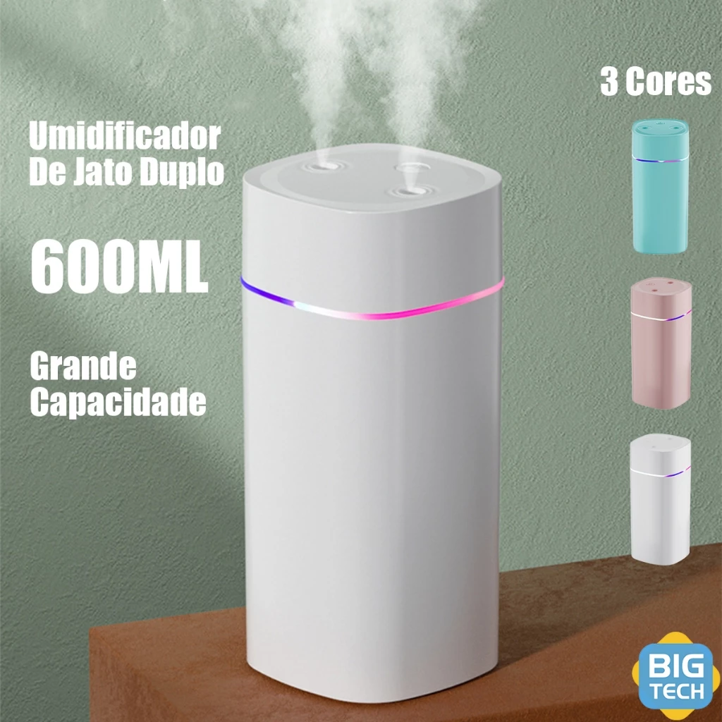 Umidificador De Ar Difusor Aromatizador Capacidade De 600ml E Luzes Coloridas Led Ultrassônico Escritório Bico Duplo