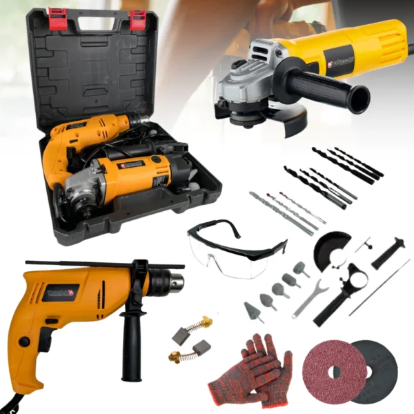 Kit Lixadeira Esmerilhadeira Angular Furadeira de Impacto 10mm e Maleta de Transporte Com Acessórios