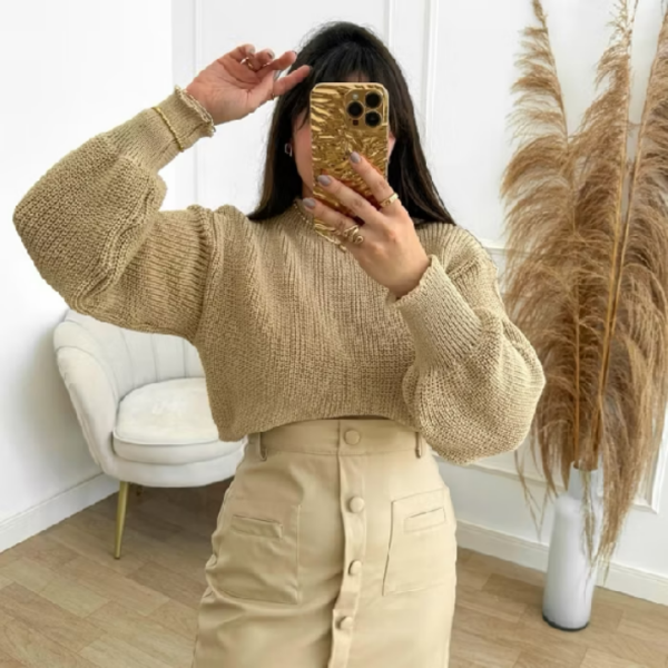 Cropped Trico Feminino Blusa Manga Bufante Tricot Inverno Manga Longa