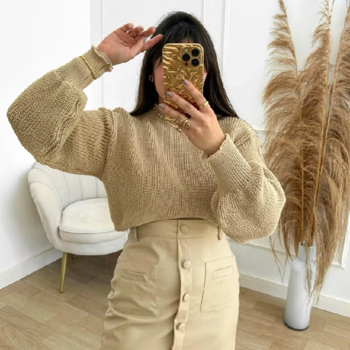 Cropped Trico Feminino Blusa Manga Bufante Tricot Inverno Manga Longa