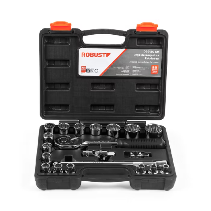 Jogo de Soquetes Estriados 1/2" 8mm a 32mm com 20 Peças Robust