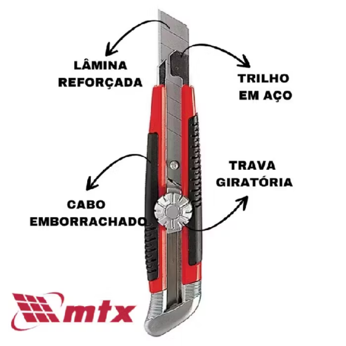 Estilete Profissional Reforçado MTX 18mm com Trava Giratória e Cabo Emborrachado Retrátil