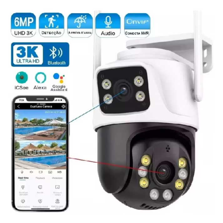 Câmera De Segurança Lente Dupla IP66 Wi-Fi Giratória 360° Sensor Movimento Visão Noturna
