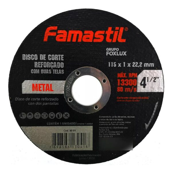 Kit 10 Disco Corte Metal Reforçado 4.1/2 - Famastil Cor Preto