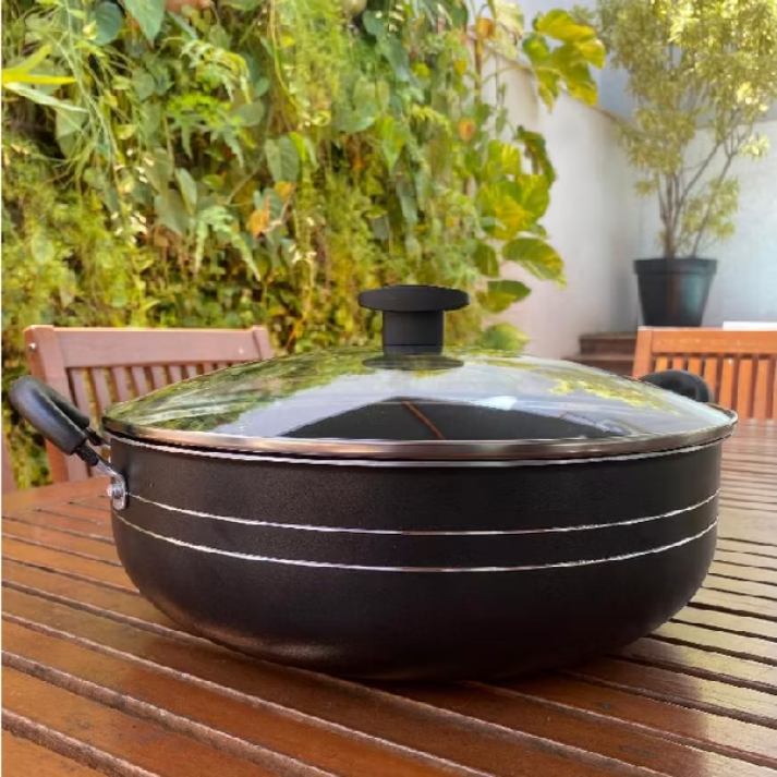 Panela Grande Frigideira Wok Silver Lines Antiaderente com alças + Tampa