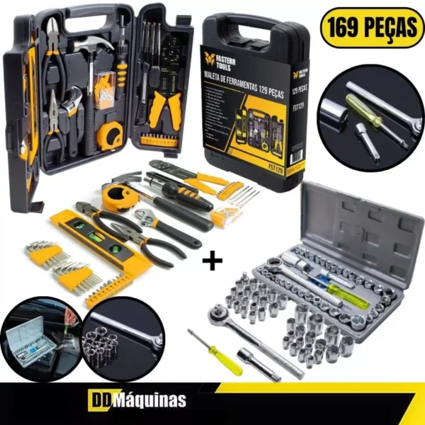 Kit De Ferramentas 129 Peças + Jogo De Soquete 40 Peças Chave Catraca Reversível - Fasterr