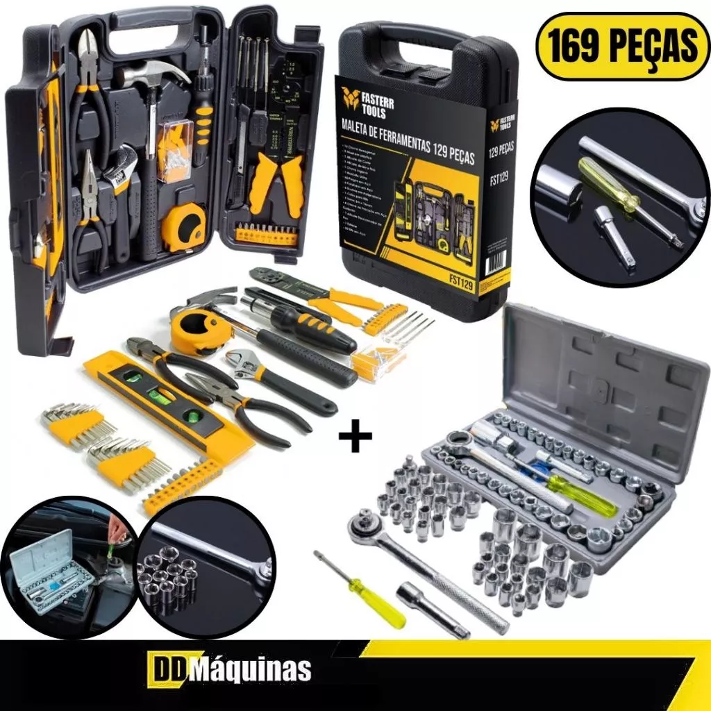 Kit De Ferramentas 129 Peças + Jogo De Soquete 40 Peças Chave Catraca Reversível - Fasterr