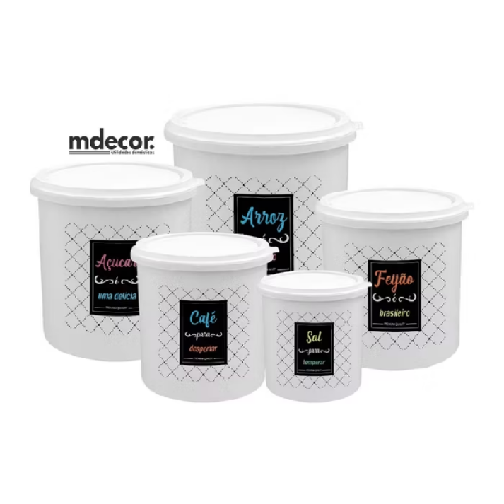 Kit 5 Potes de Mantimentos Plástico Decorado Linha Colors