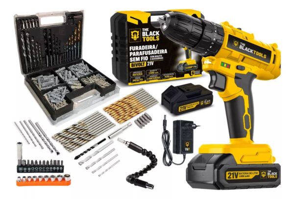 Parafusadeira E Furadeira Impacto Tb-21pz The Black Tools 2 Baterias 21v 3/8 Com Jogo De Brocas Bits E Buchas 300 Peças