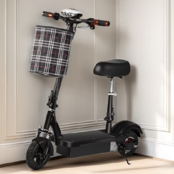 Scooter elétrica dobrável para adultos com assento e cesta para compras e viagens