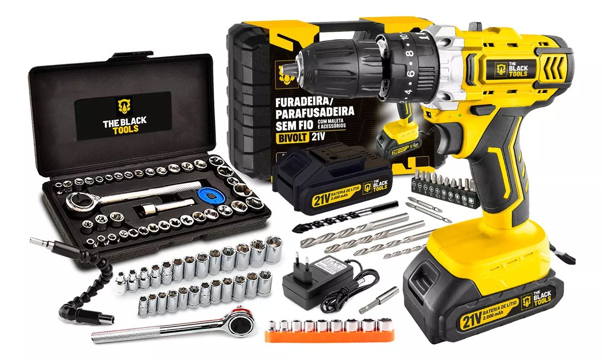 Furadeira Parafusadeira De Impacto 2 Baterias 21v 3/8 Tb-21pkx Com Jogo De Soquetes 40 Peças The Black Tools