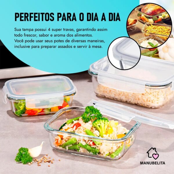 Manubelita Kit 10 Marmitas Vidro Hermético Vidro Tampa Trava 370ml