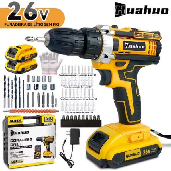 Furadeira Parafusadeira 26V 2 Baterias Sem Fio Impacto Com Maleta Completo Broca Bits Maleta  (110V/220V)