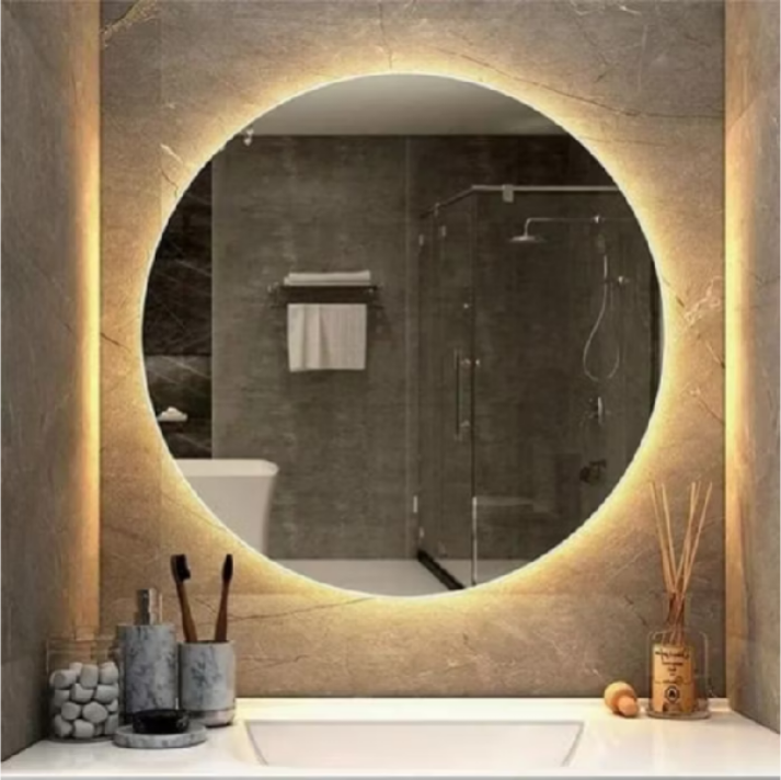 Espelho Redondo com Led Luz Círculo de Fogo Lapidado Médio/Grande Decorativo Tendência Barbearia