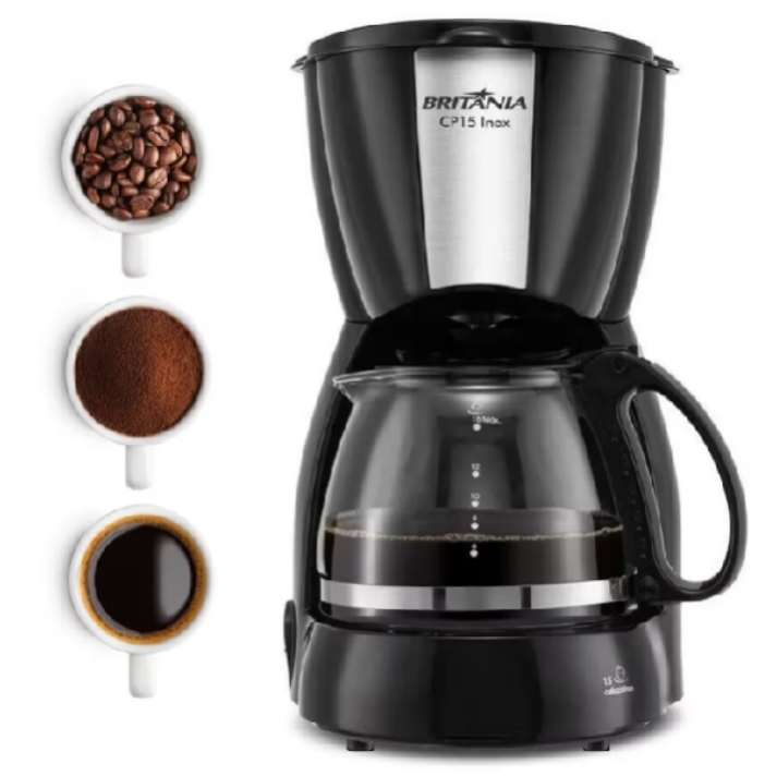 Cafeteira Elétrica 15 xícaras Expresso Britânia Vidro Preto e Inox 127V Corta Pingos colher dosadora