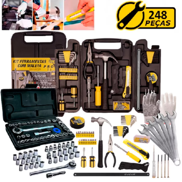 Kit Jogo Ferramentas 248 Peças Maleta Serviço Gerais Soquetes Chaves Combinada Luva Pigmentada