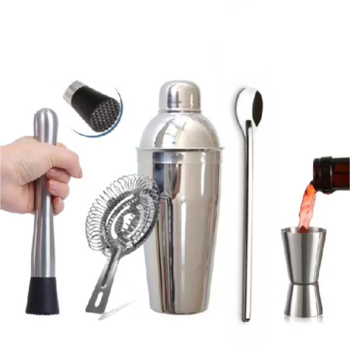 Kit Caipirinha Profissional Coqueteleira 500 Ml Barman Inox Coador Strainer Socador Dosador Colher