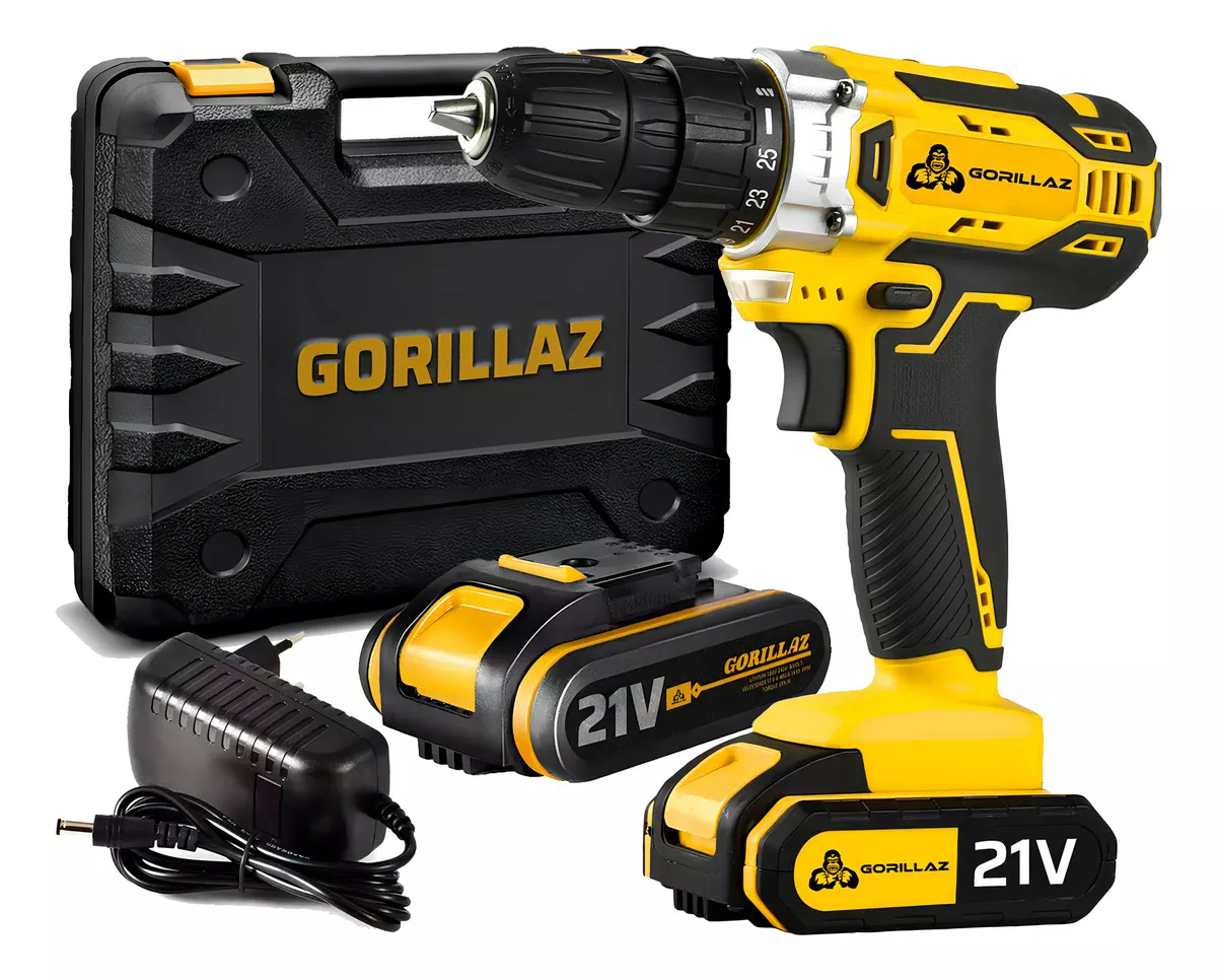 Parafusadeira Furadeira De Impacto Sem Fio 2 Bateria 21v 3/8 10mm Com Maleta Bivolt 110v/220v Grz-21n Gorillaz