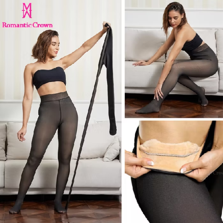 Meia-Calça Térmica Forrada Peluciada Translúcida De Lã Quente Feminina Para Inverno