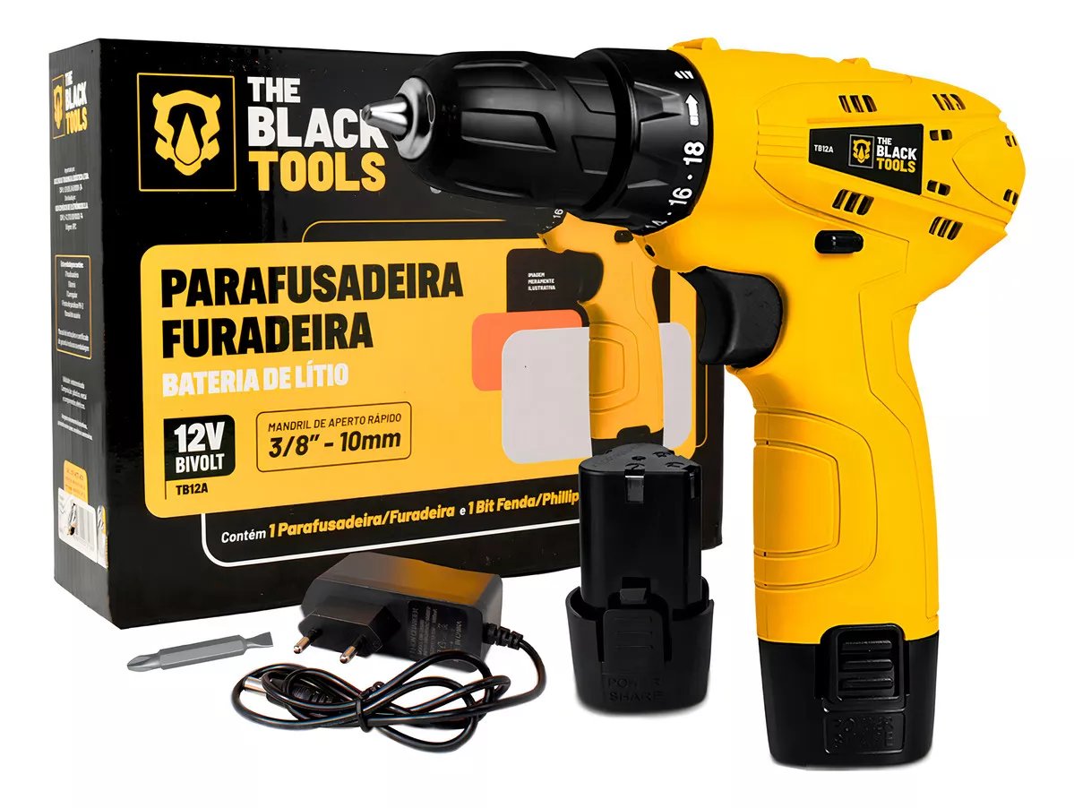 Parafusadeira Furadeira The Black Tools TB12A 3/8 127/220V a Bateria 12v Cor Amarelo Frequência 60Hz