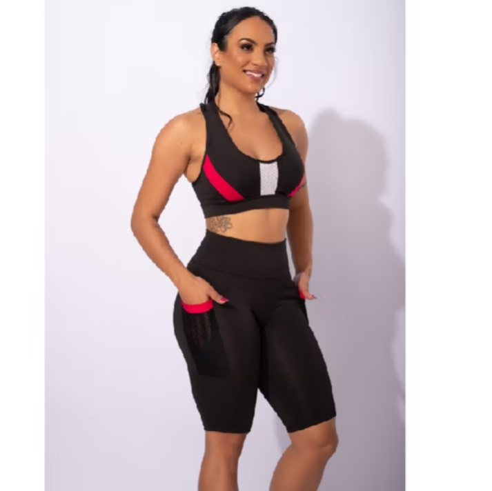 Conjunto Feminino Fitness Bermuda Ciclista Cintura Alta Com Bolso Tela E Top Nadador Tela Frontal Academia F7 NEW STYLE