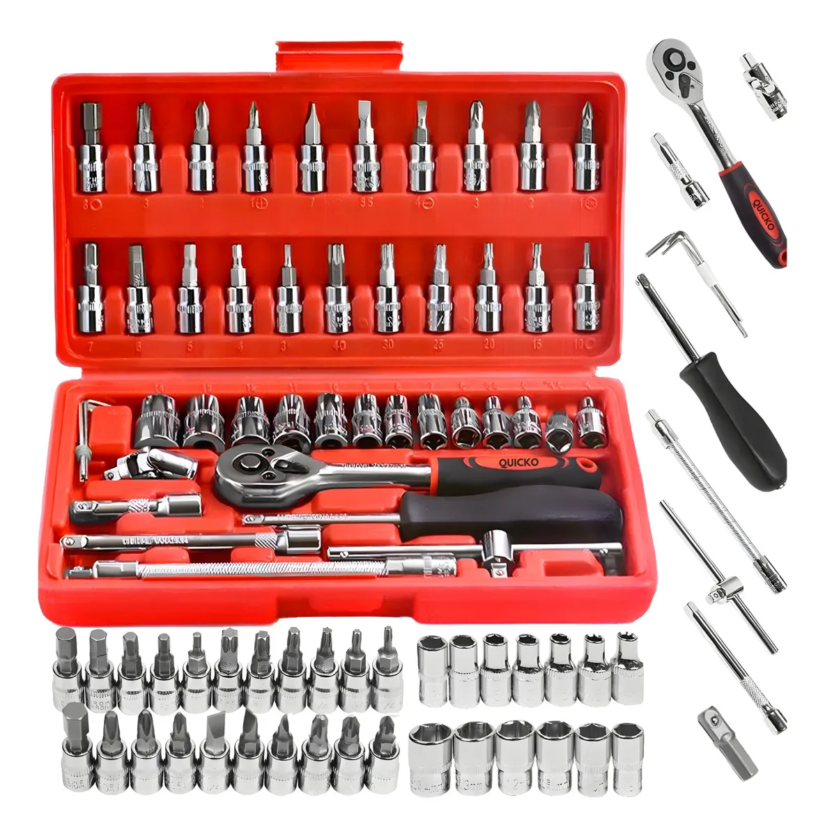 Jogo Combo Kit De Chave De Fenda Philips Soquete Completo Kit 46 Peças De Aço Crv 1/4 Maleta Cor Vermelho