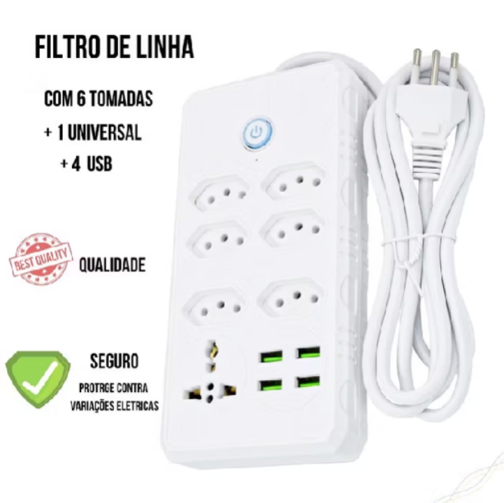 Régua Filtro de Linha com 7 Tomadas Extensão Elétrica 1 Universal 4 USB Bivolt 10A 110v/220v Cabo de 2 Metros Seguro e confiável