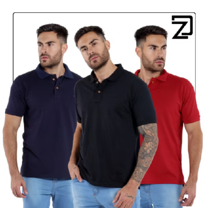 Kit 3 Camisas Polo Masculina Básica Varias Cores