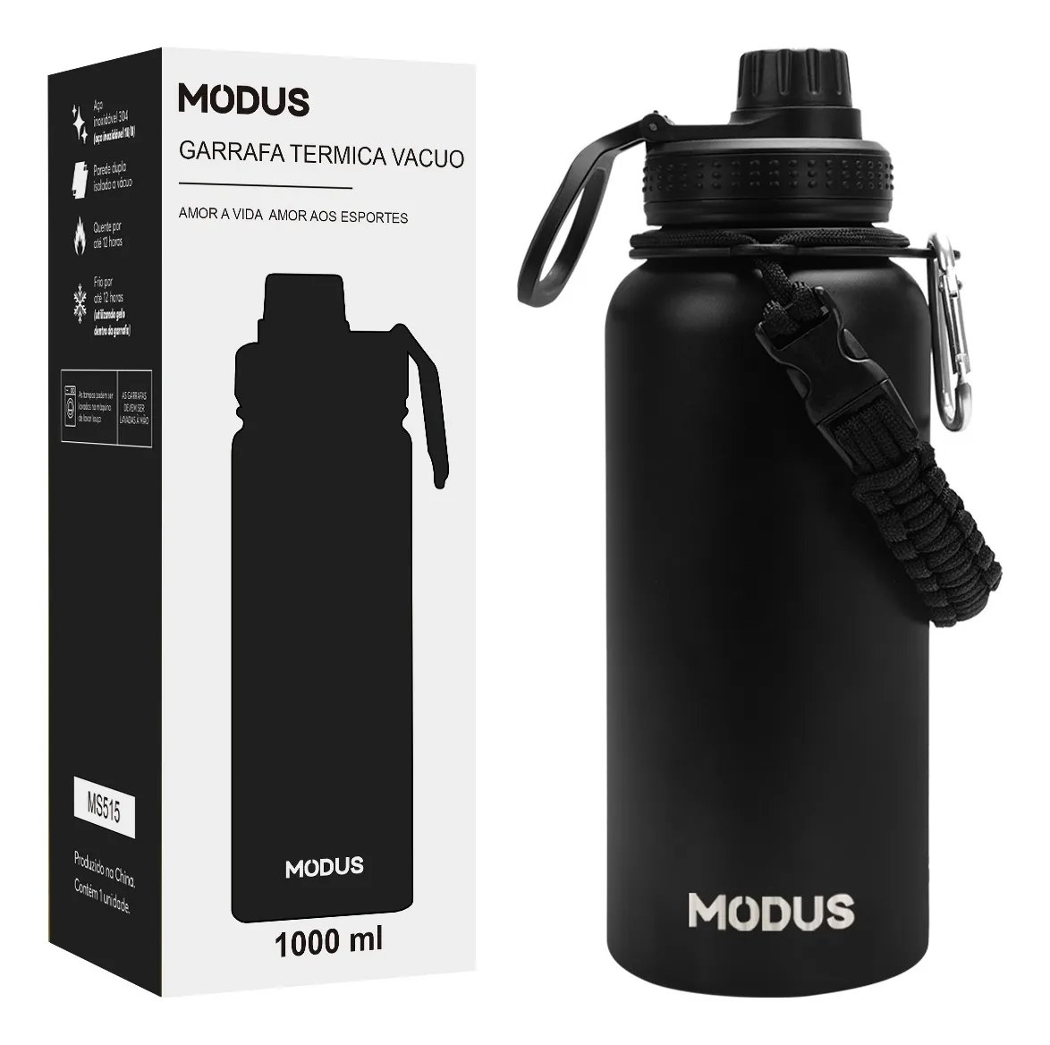 Garrafa Térmica 1000ml Aço Inoxidável Com Alça Paracord