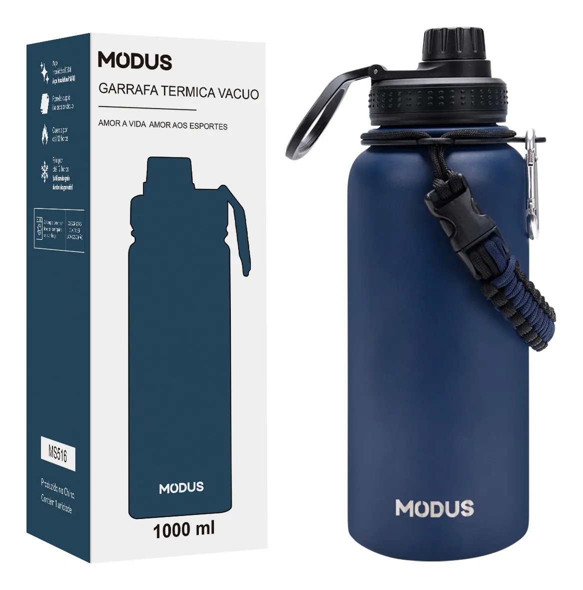 Garrafa Térmica De Água Isolada 1000ml De Aço Inox Com Alça