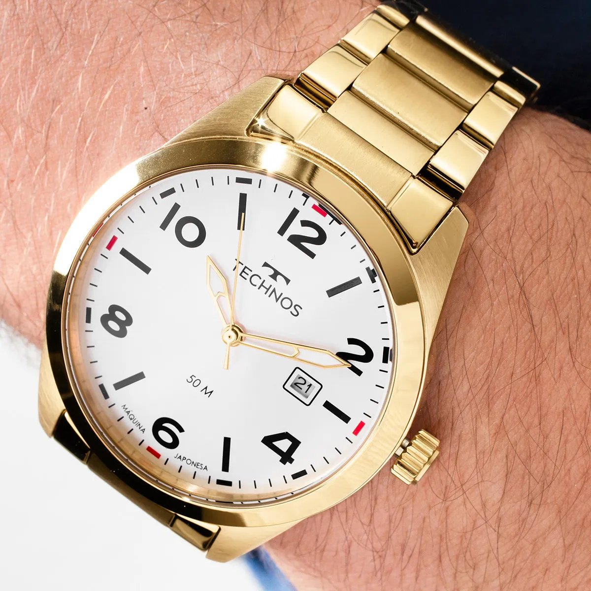 Relógio Masculino Technos Militar Caixa Dourado Fundo Branco A Prova D'água 50m 2115tyq/1k